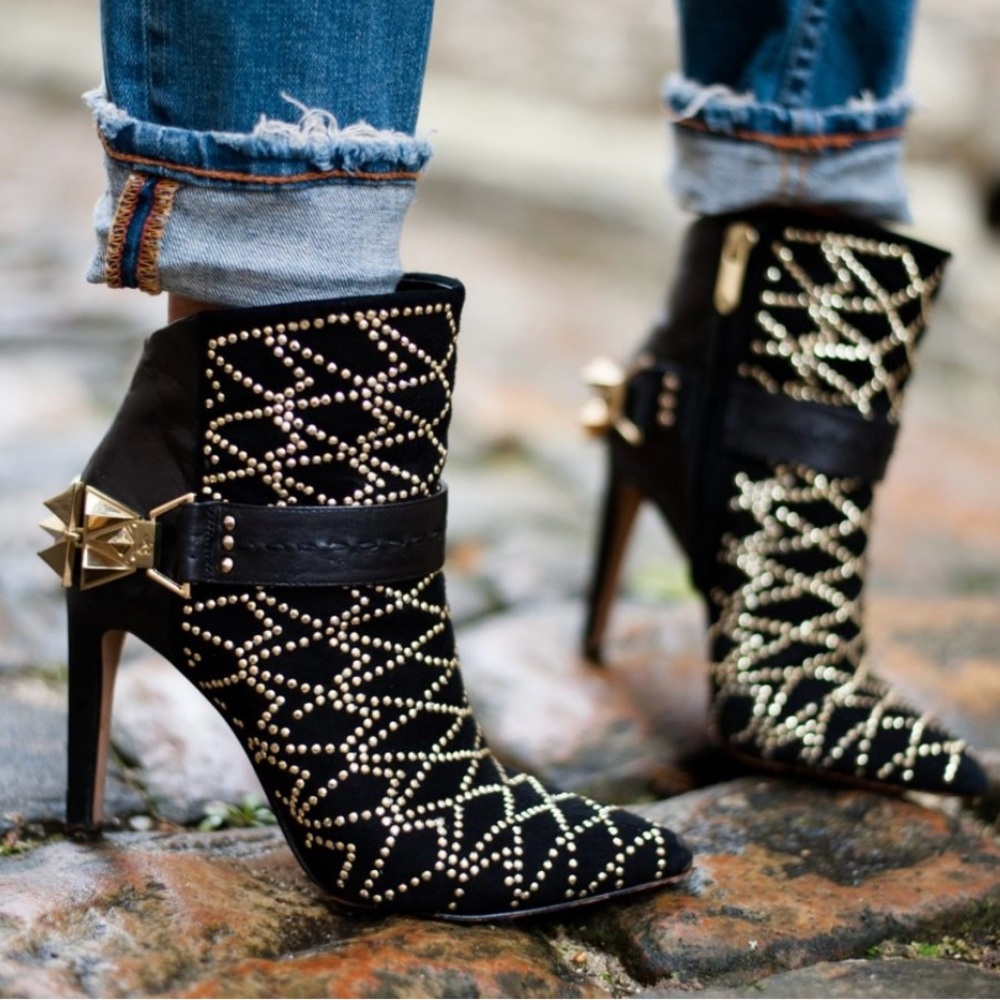 Sam Edelman Mila Bootie Black Gold Studded Ankle Boot High Stiletto Heel 6